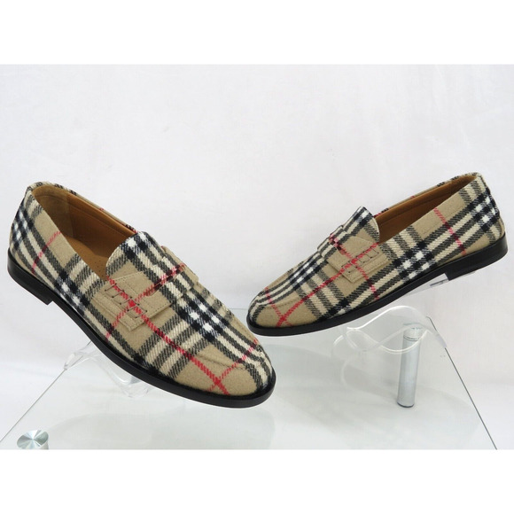 NIB $790 BURBERRY HACKNEY BEIGE CHECK WOOL PENNY LOAFERS 12 US 45 ITALY - Picture 4 of 14